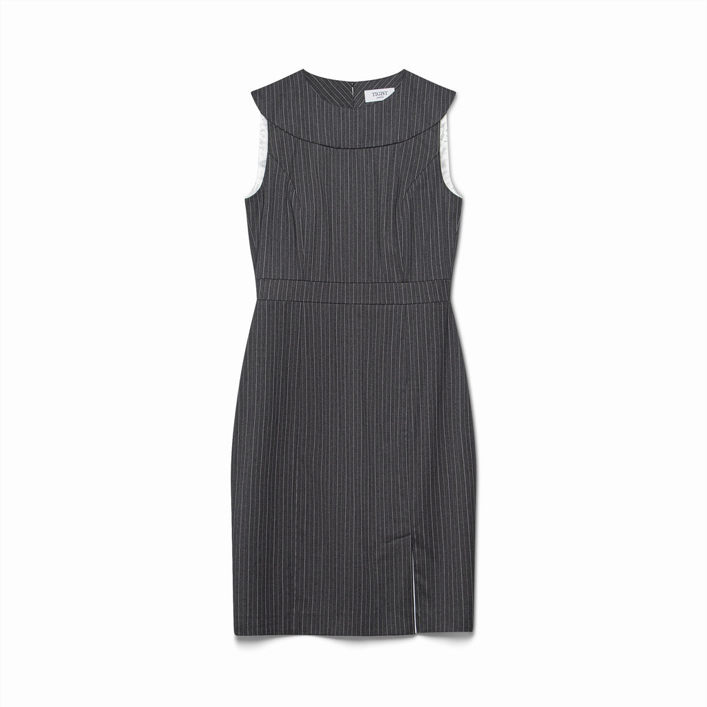 【ANDRESD】pinstripe sleeveless dress グレー Aiden Gray Pinstripe Petite Sheath Dress with High Neckline